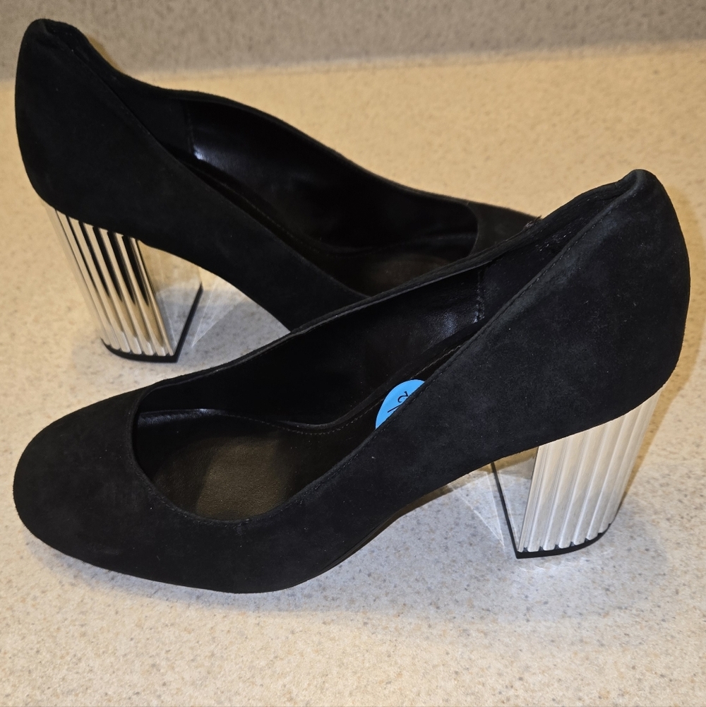 Michael Kors Black Suede Heels with Silver Block Heel